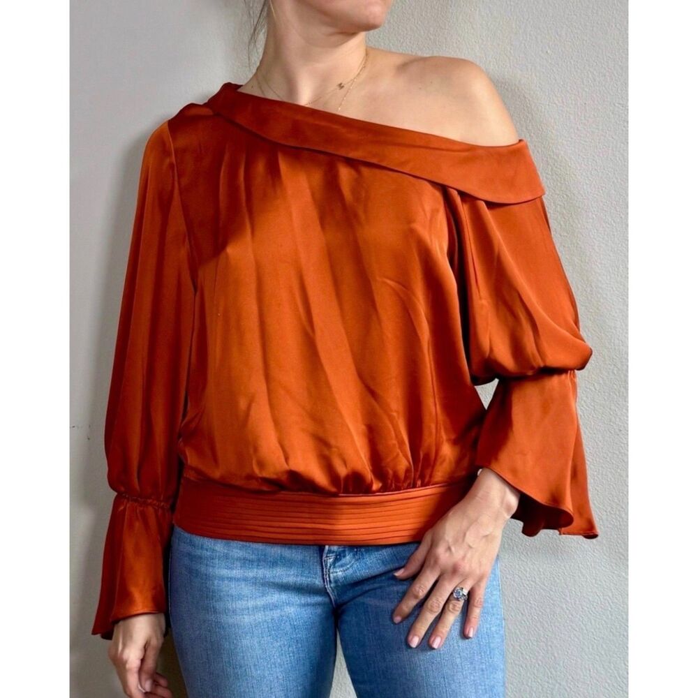 Ramy Brook Sammy Off Shoulder Satin Blouse Rust Orange Small MSRP $368